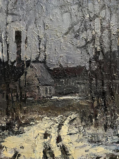 Oil painting High-speed Volodymyr Pashchenko snowy village with dark trees