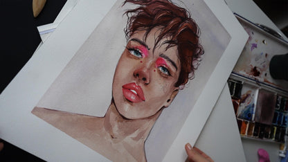 Watercolor portrait by Victoria Kagalovska, pink tint, reddish-brown hair, blue eyes