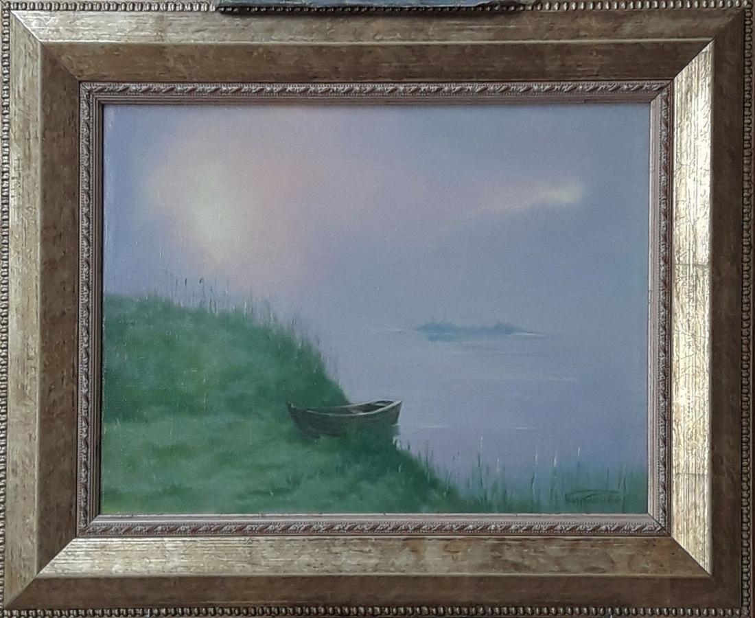 Oil painting Fisherman’s morning by the river Vasily Korkishko in ornate frame
