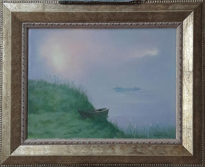 Oil painting Fisherman’s morning by the river Vasily Korkishko in ornate frame
