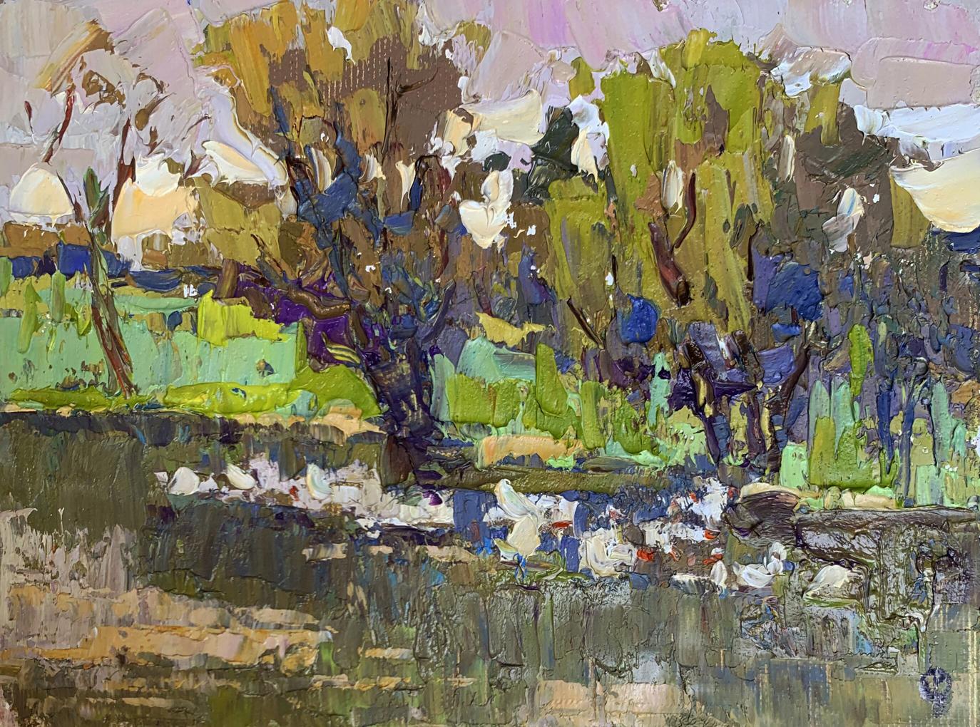 Oil painting Geese in the Lake by Oksana Ivanyuk with lush trees and birds