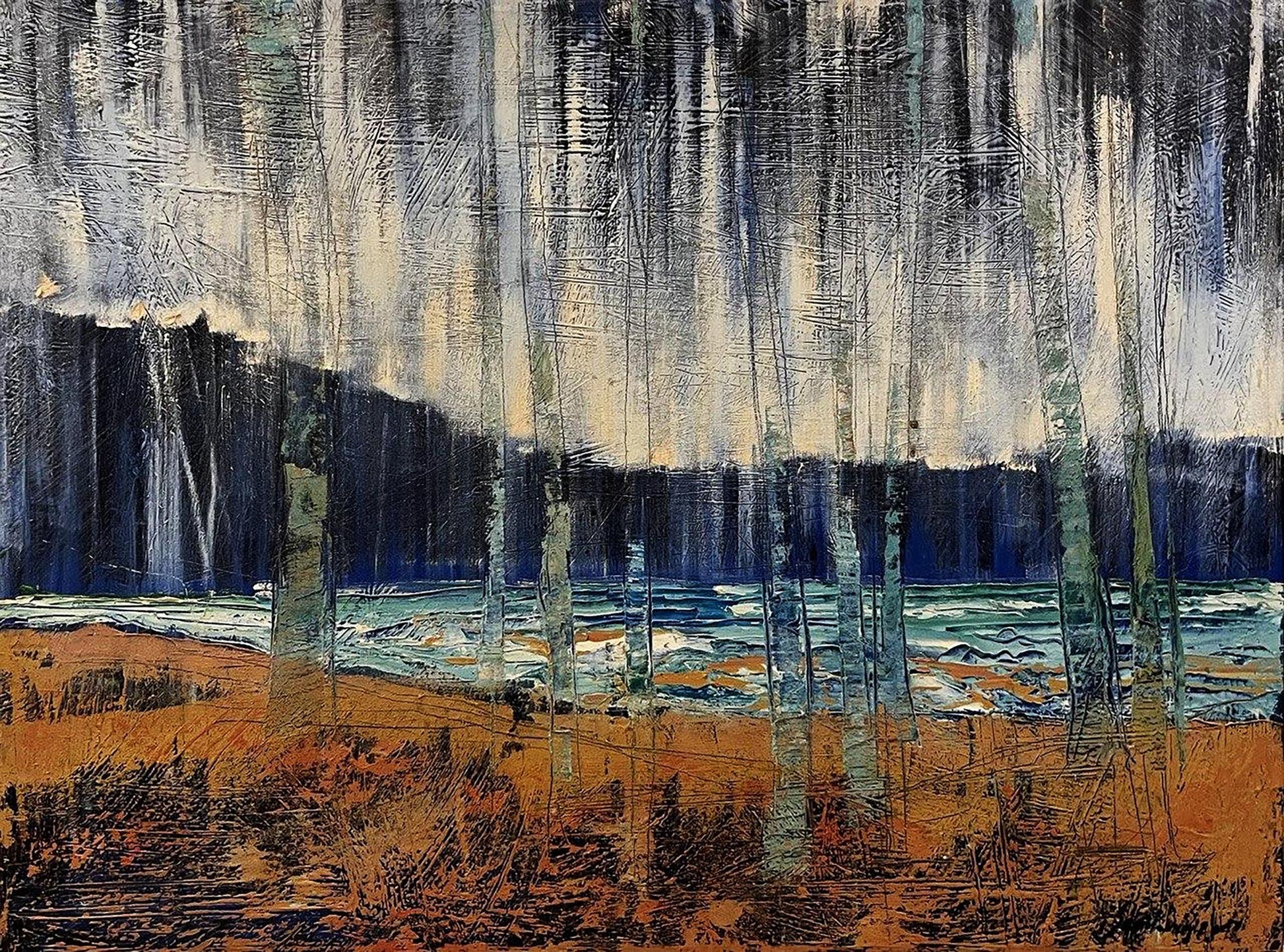 Abstract expressionist painting featuring tall, slender birch-like trees with textured white and gray trunks against a dramatic sky of deep blues and grays.