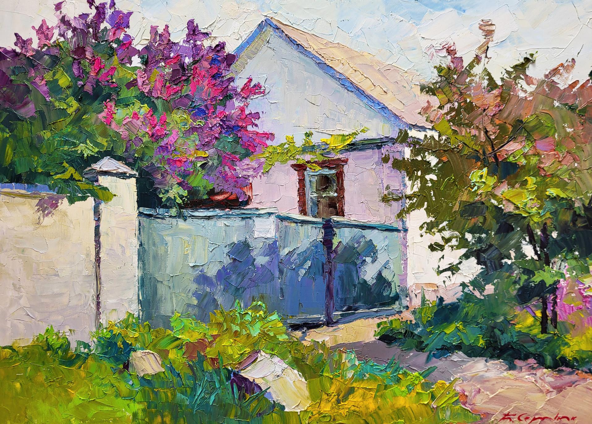 Oil painting of lilac bush by Boris Serdyuk, impressionistic purple flowers