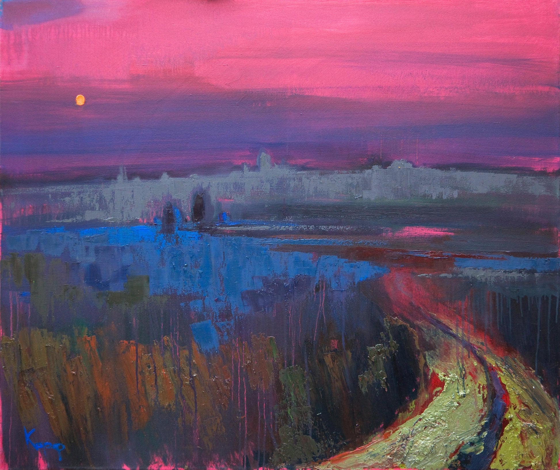 Oil painting Field In The Fog by Natalia Korf-Ivaniuk with vibrant pink purple sky