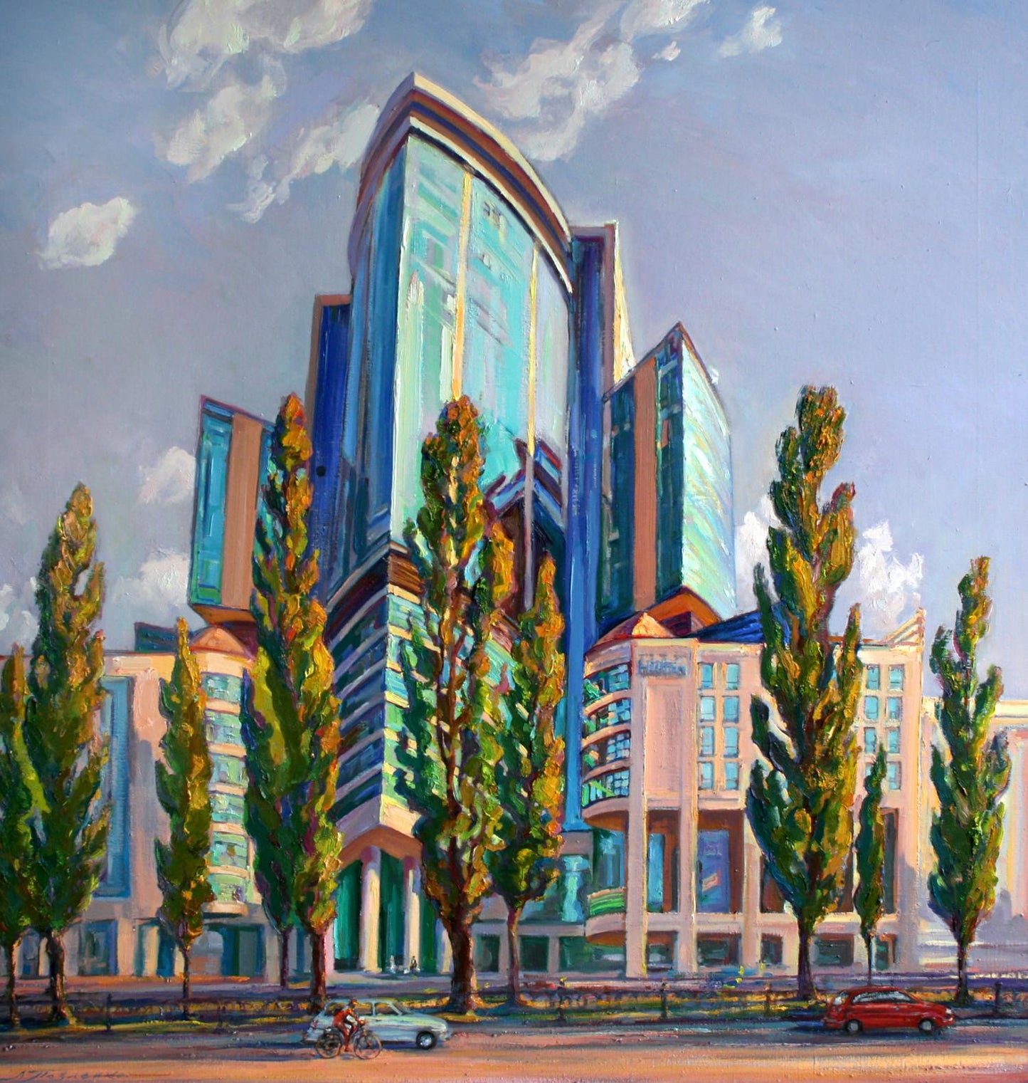 Oil painting of modern glass-and-steel skyscraper by Leonid Pavlenko