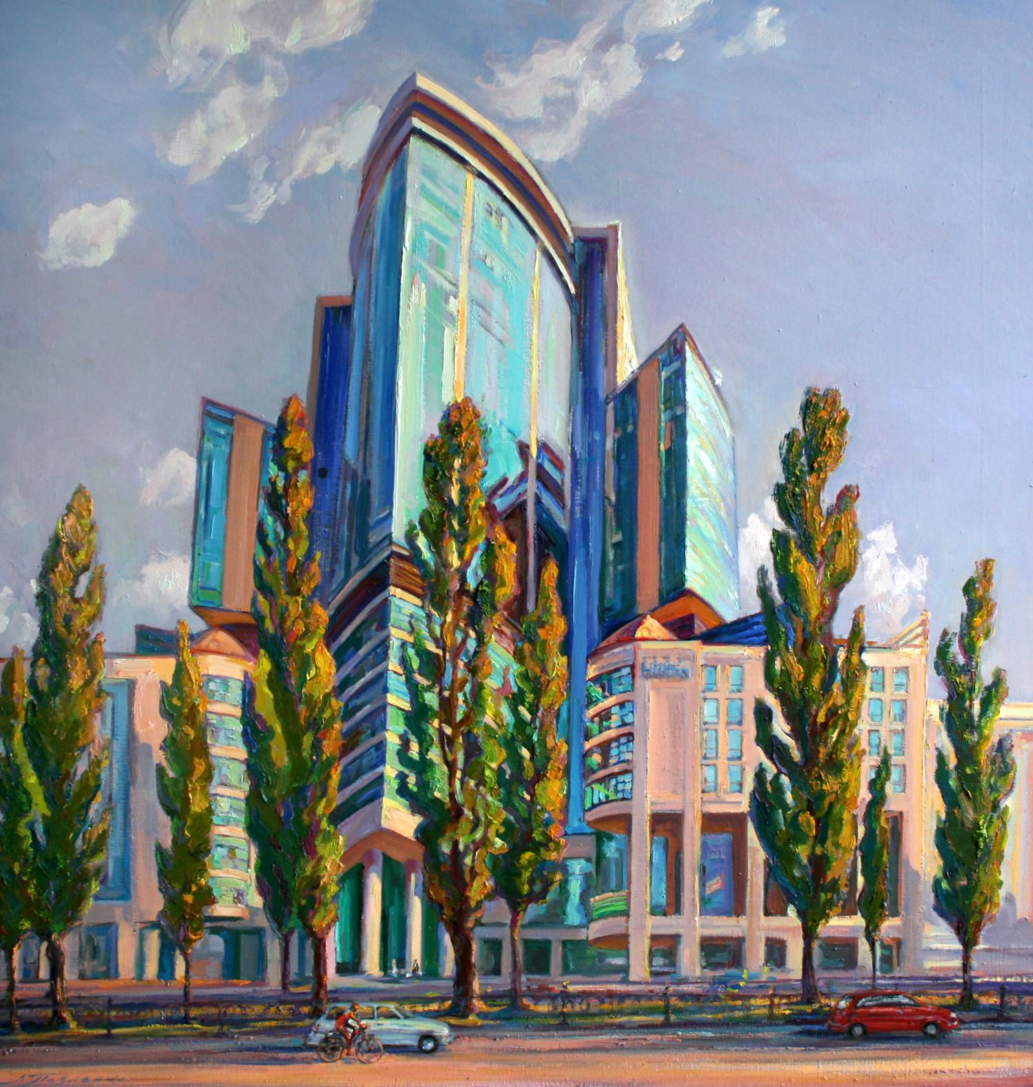 Oil painting of modern glass-and-steel skyscraper by Leonid Pavlenko