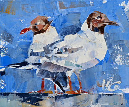 Abstract oil painting Friendly bird walk by Volodymyr Gluhomanyuk