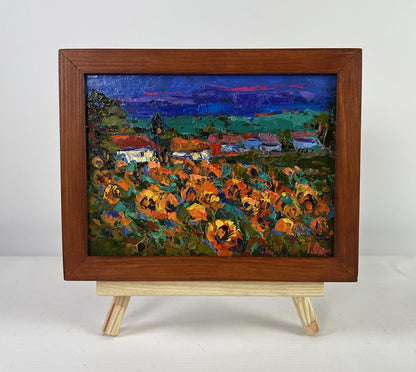 Vibrant impressionist oil painting of orange poppies in summer village by Oksana Ivanyuk, framed