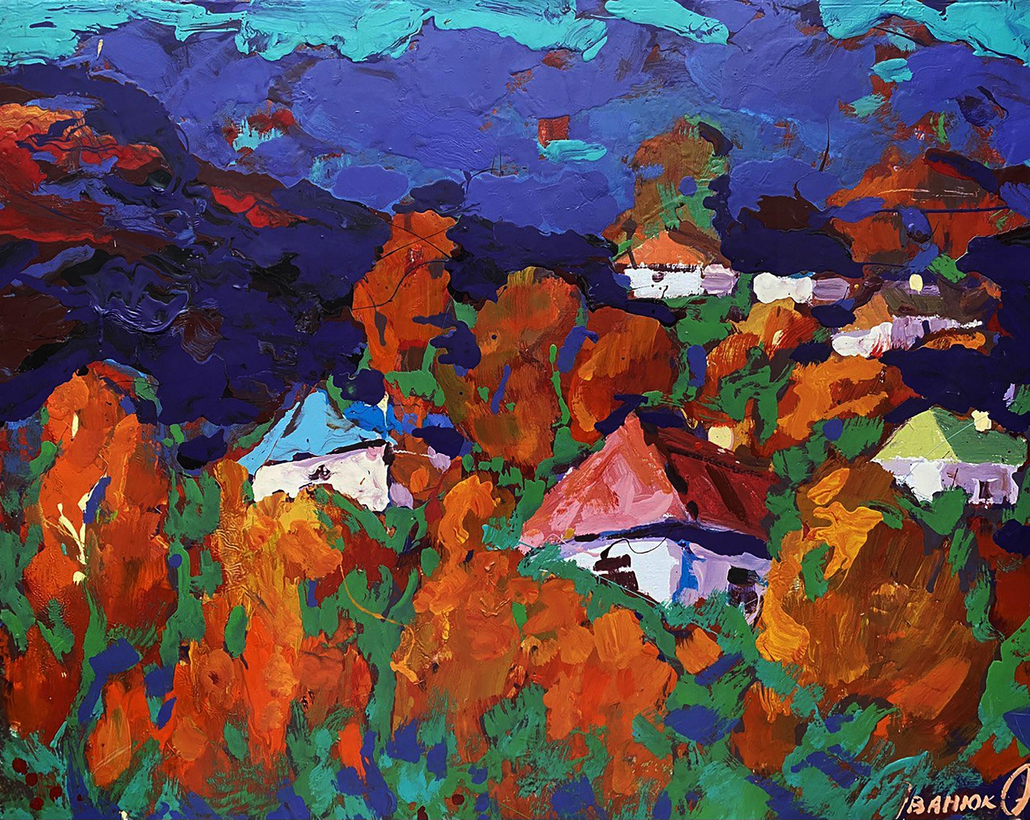 Vibrant Autumn is crimson oil painting by Oleksiy Ivanyuk with bold orange, green, blue brushstrokes and stylized houses in foliage