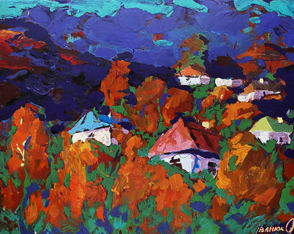 Vibrant Autumn is crimson oil painting by Oleksiy Ivanyuk with bold orange, green, blue brushstrokes and stylized houses in foliage
