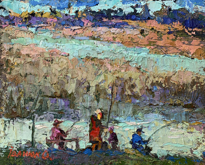 Vibrant impressionist oil painting Fishing with friends by Oksana Ivanyuk