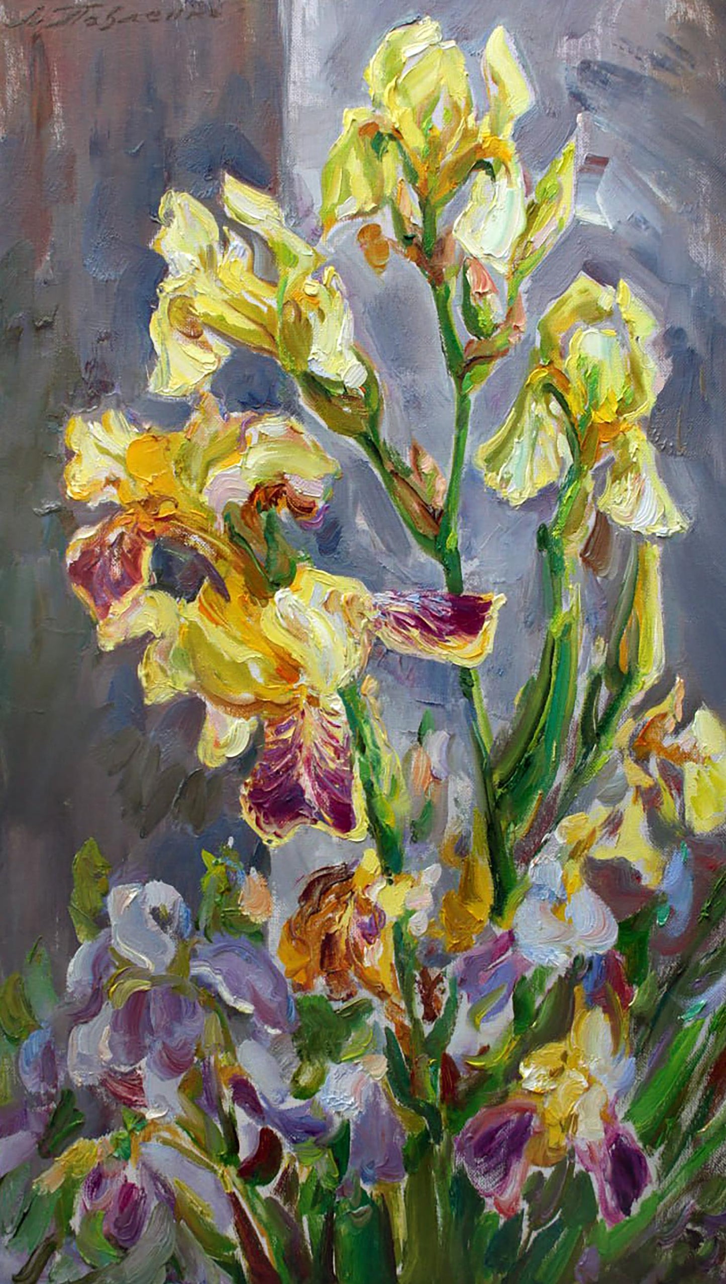 Vibrant oil painting of yellow purple irises by Leonid Pavlenko