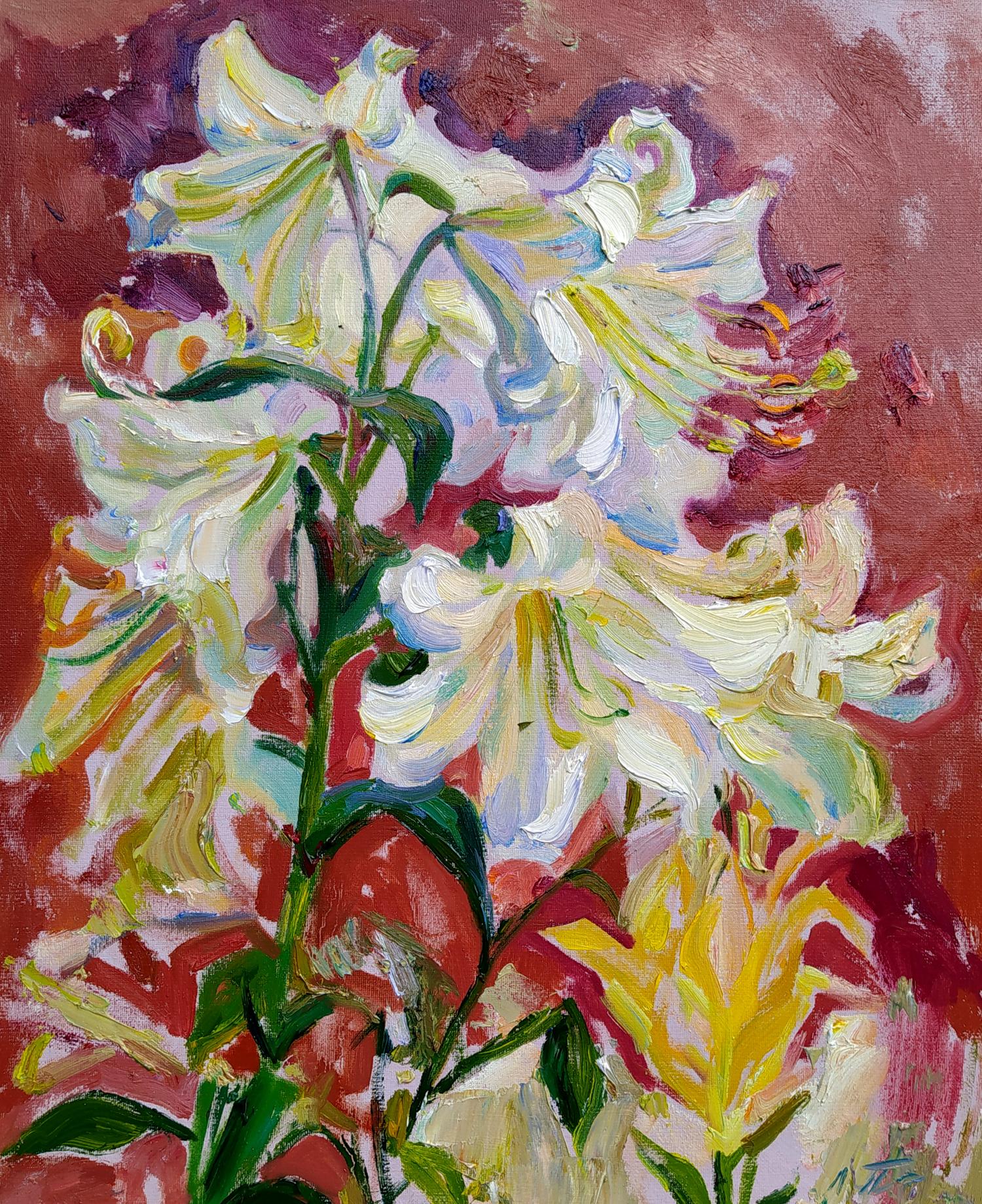 Oil painting Lilies by Leonid Pavlenko: white lilies on red purple background