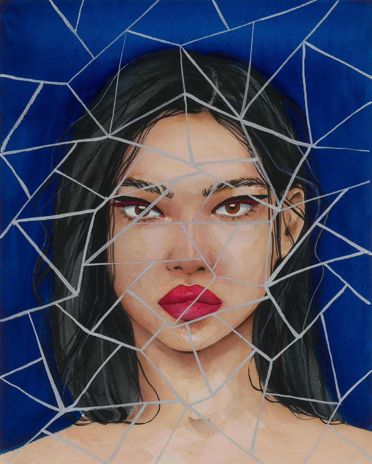 Watercolor mosaic portrait of Victoria Kagalovska, dark hair, red lips