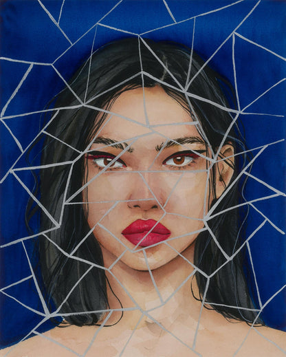 Watercolor mosaic portrait of Victoria Kagalovska, dark hair, red lips