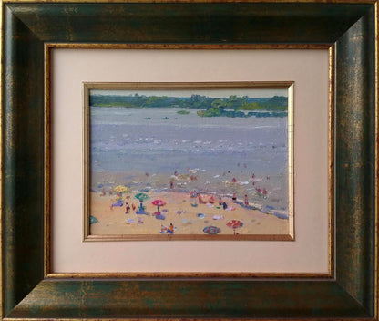 Framed Oil Painting City Beach by Yury Konovalov with colorful umbrellas