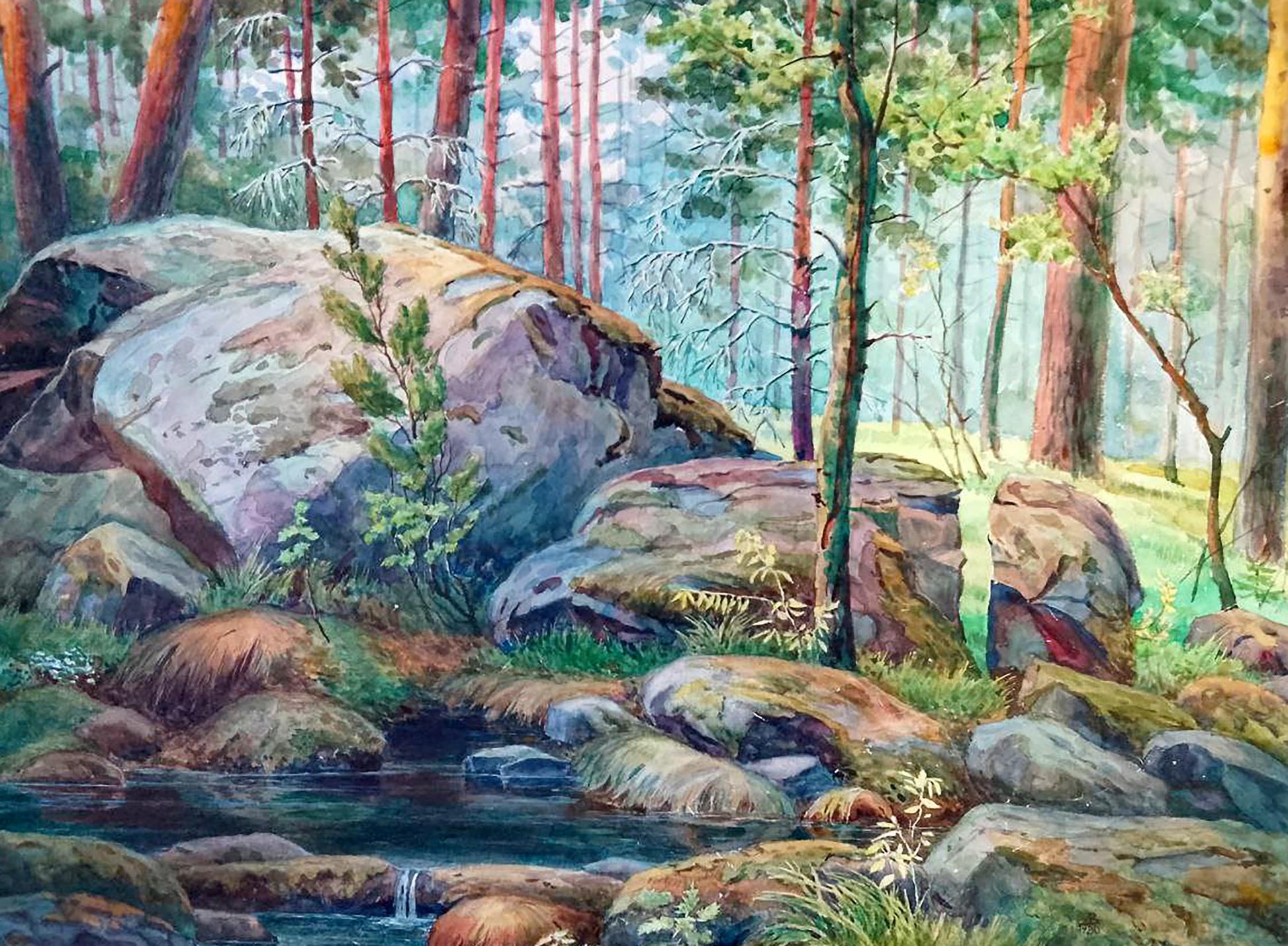 Watercolor forest fairy tale painting by Vitaly Duhnevich with stream and pines