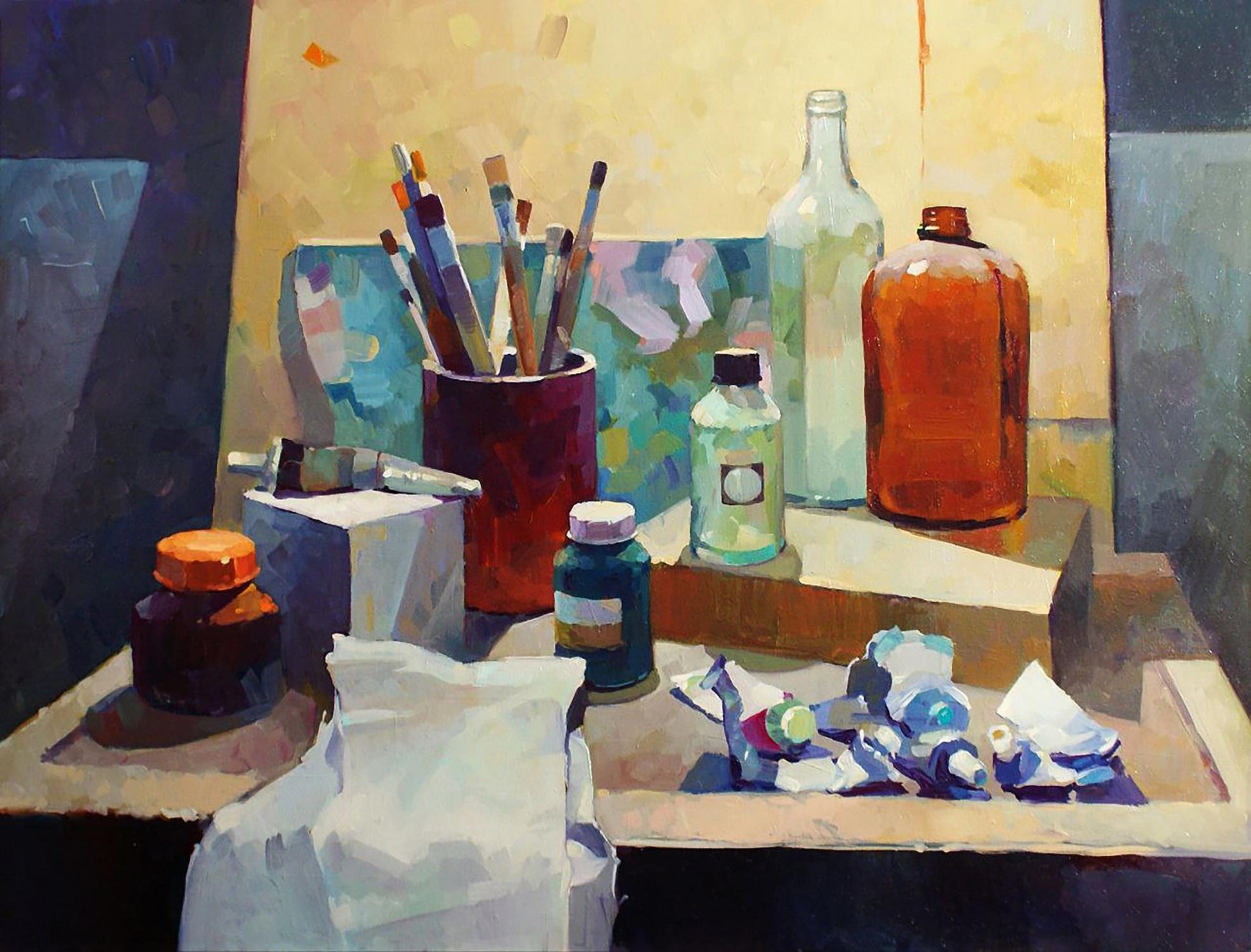 Red cylindrical paintbrush holder with assorted brushes in Anastasia Yaroshevich oil painting still life