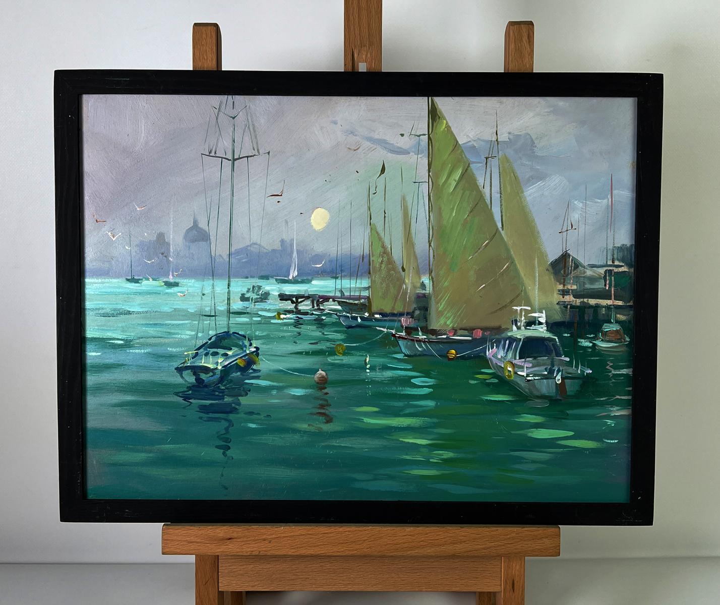 Oil painting Ships at the pier by Yuriy Suprunchuk, sailboats in teal harbor at dusk