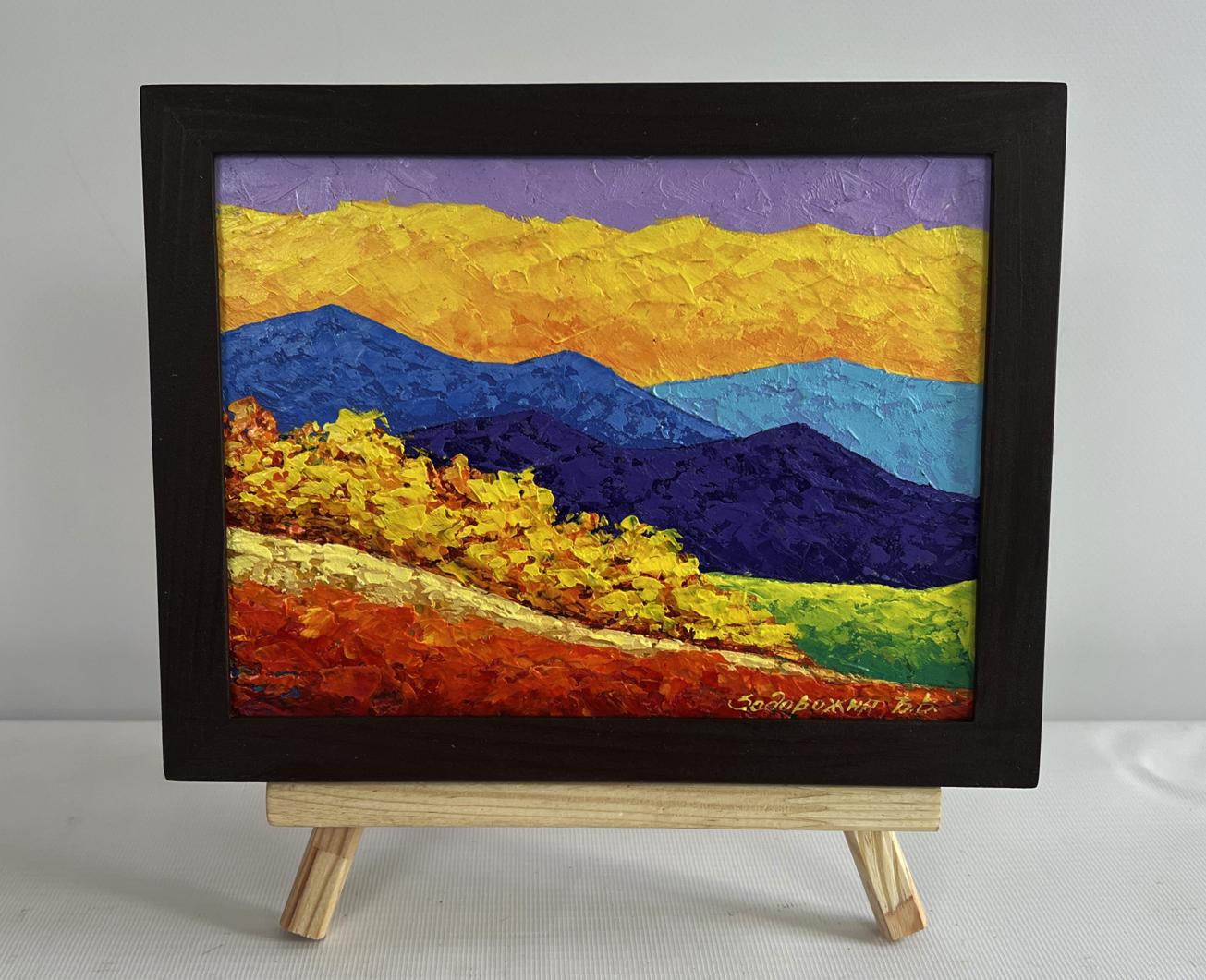 Oil painting Autumn yellow cloud V. Zadorozhnya: vibrant mountains under purple sky