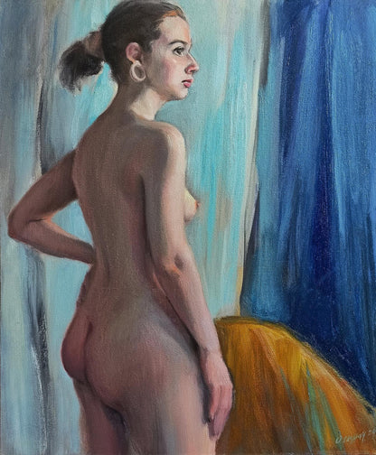 Soft pastel oil painting Morning portrait of girl by Oksana Osnach figure ponytail