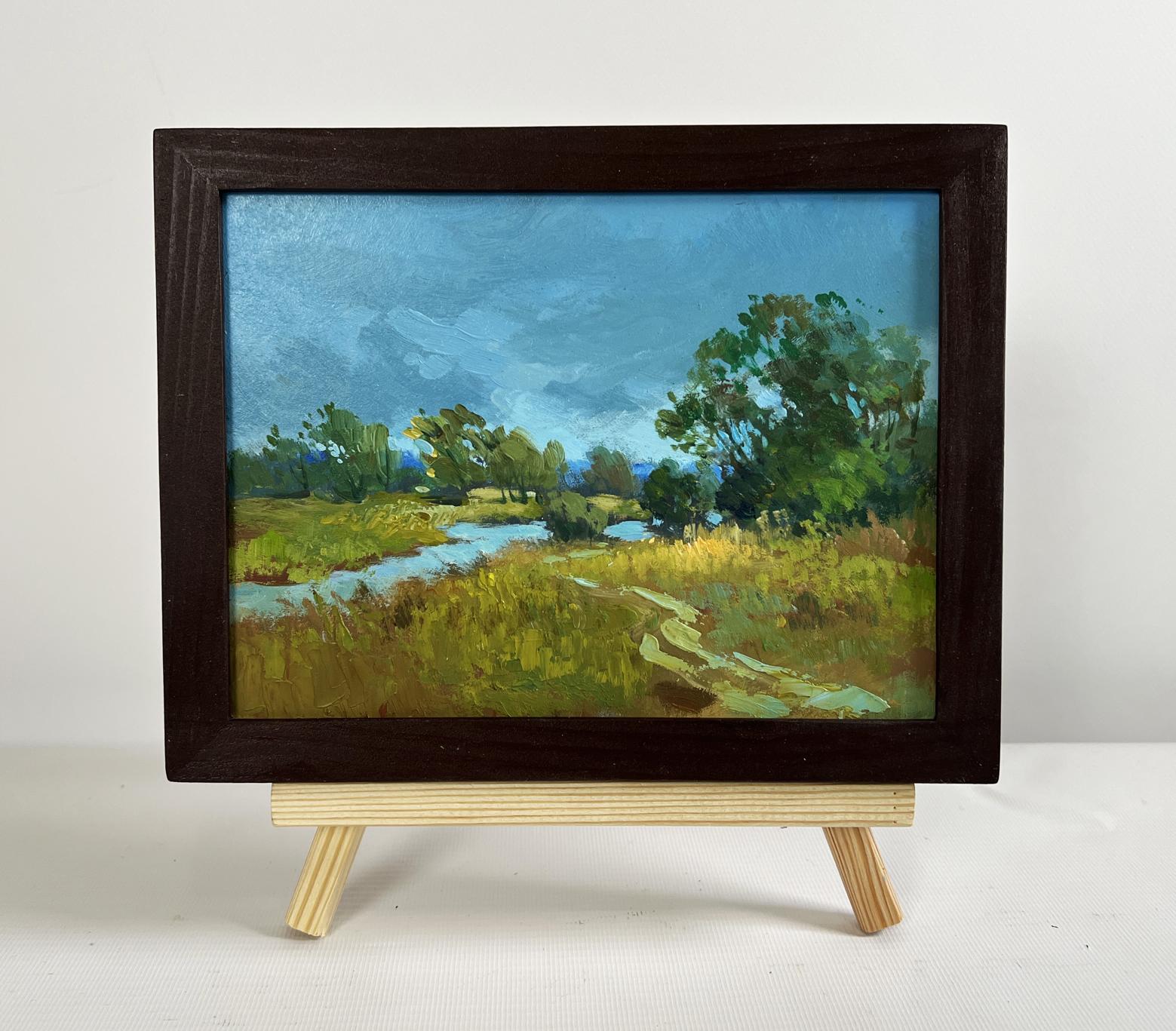 Oil painting A small flood of the river by Yuriy Suprunchuk in wooden frame