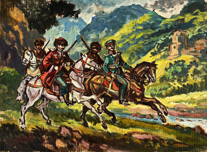 Vibrant impressionist oil painting by Alexander Litvinov: warriors by the river