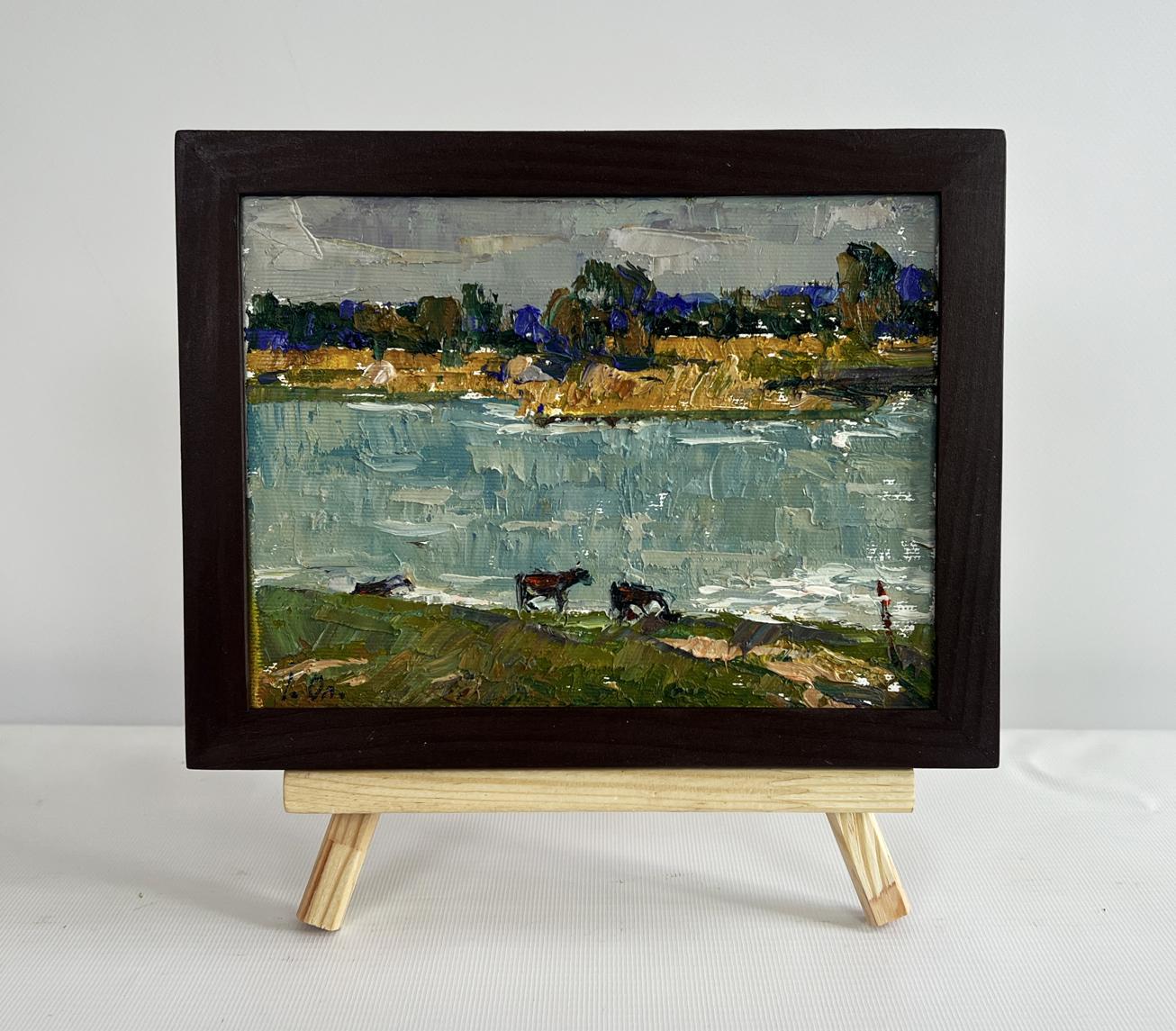 Oil painting At the watering hole by Oleksiy Ivanyuk: cows by river