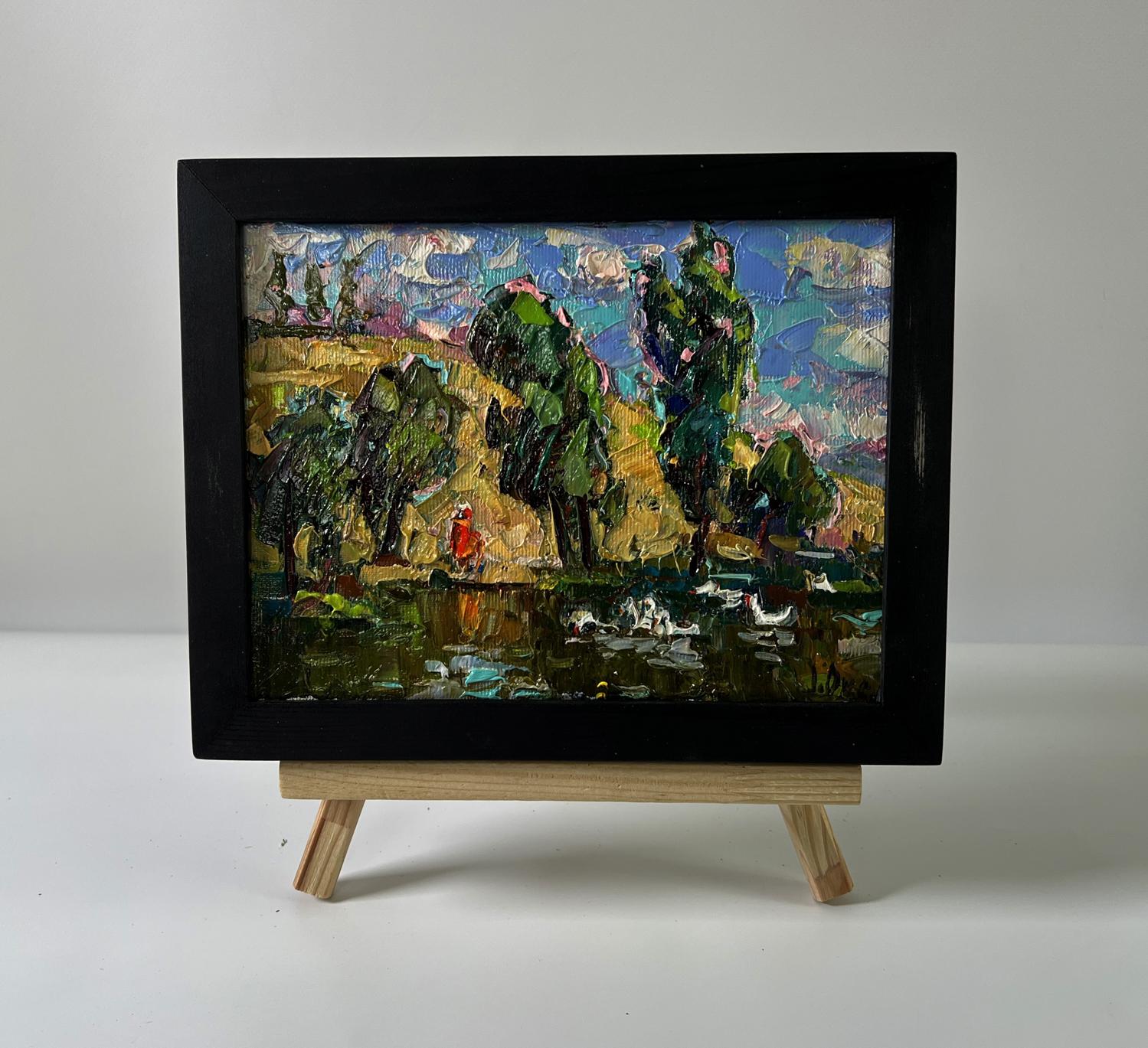 Oil painting Over the River by Oksana Ivanyuk in black frame