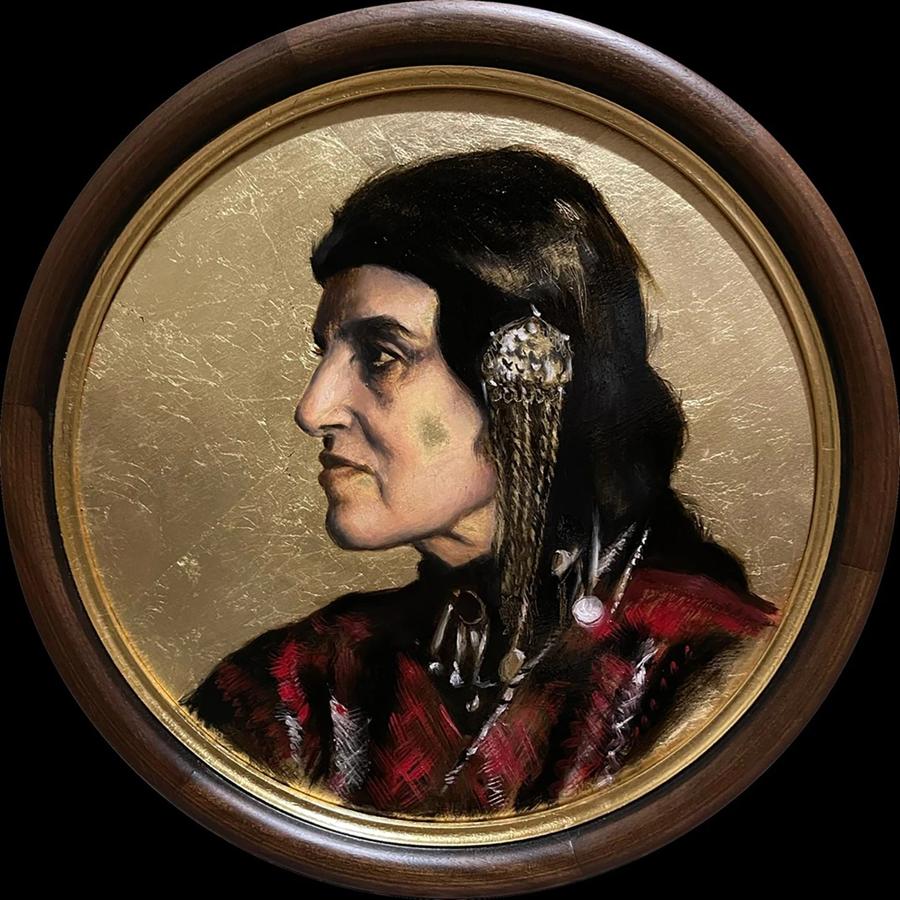Oil painting portrait of Native American man in profile on gold background
