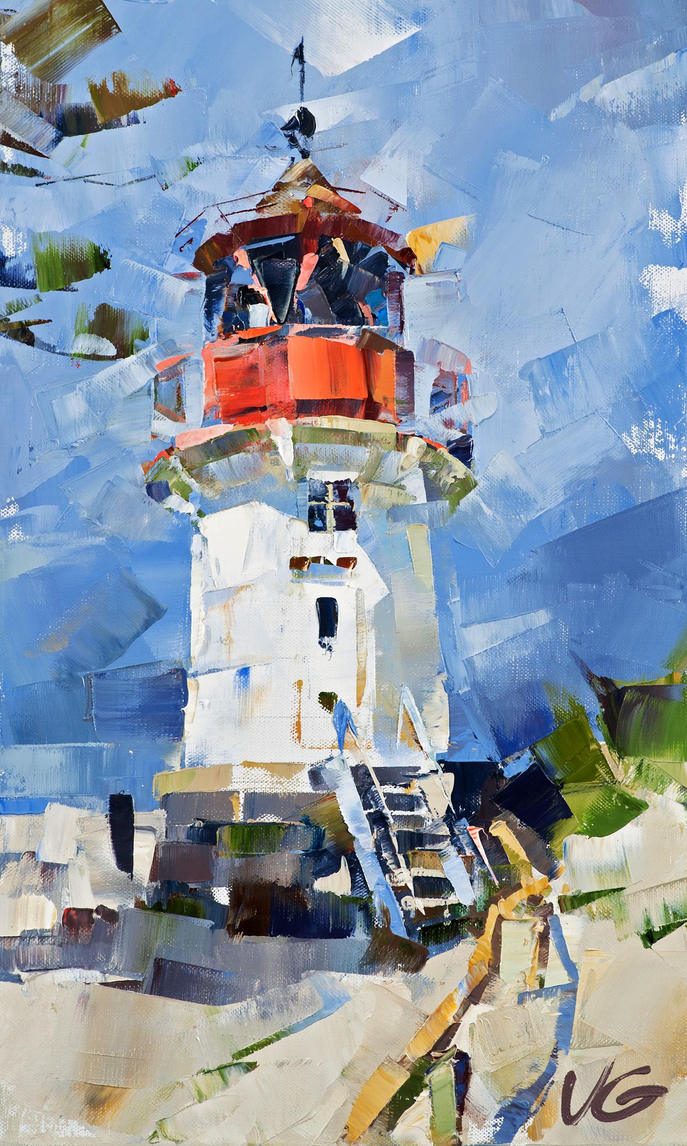 Oil painting of red white lighthouse by Hellen Hiddensee Volodymyr Gluhomanyuk