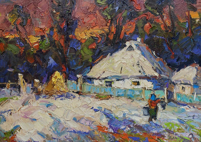 Oil painting Frosty evening by Oleksiy Ivanyuk: white thatched cottage, blue fence, autumn trees