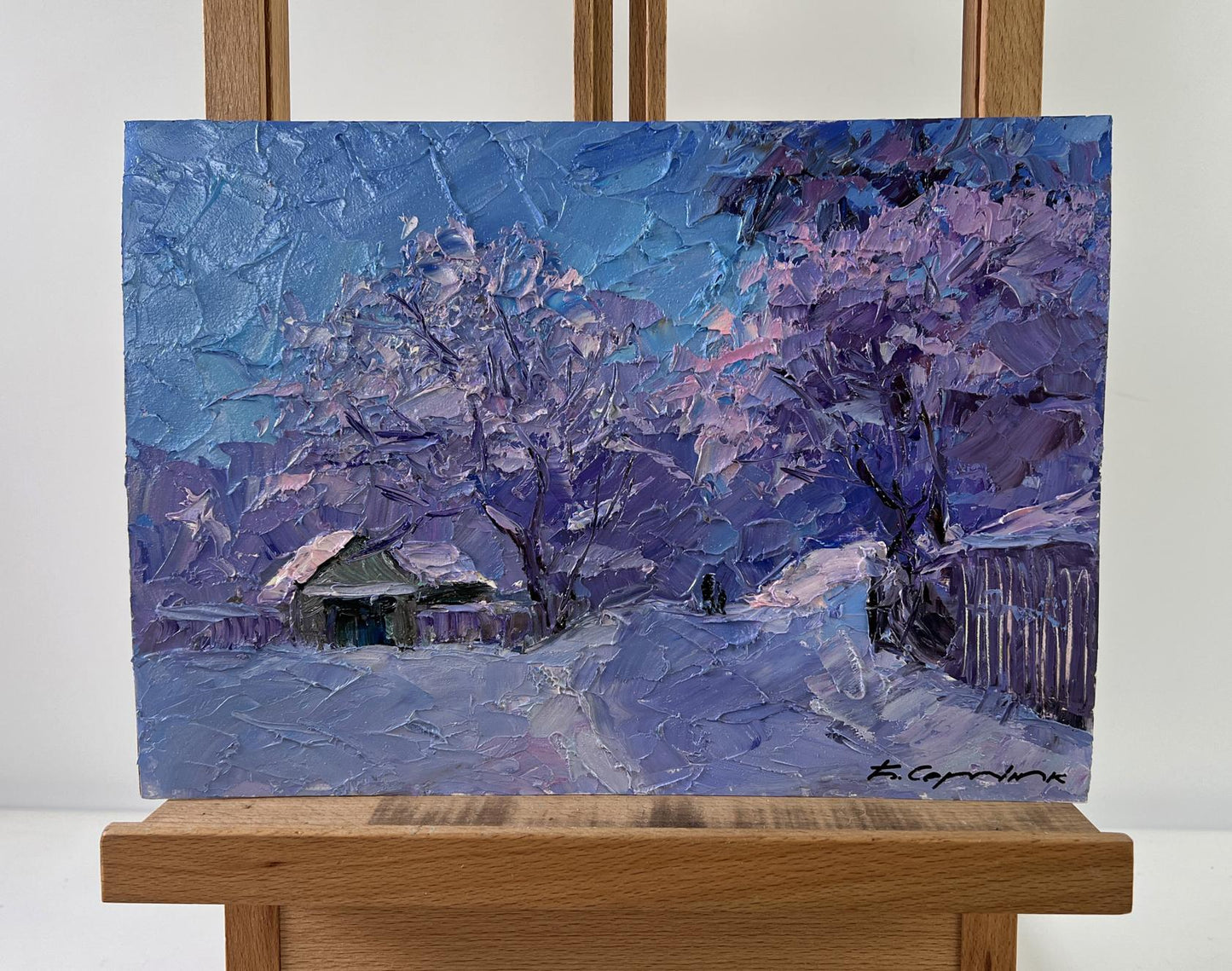 Oil painting Dear wintertime Boris Serdyuk snowy purple blue landscape