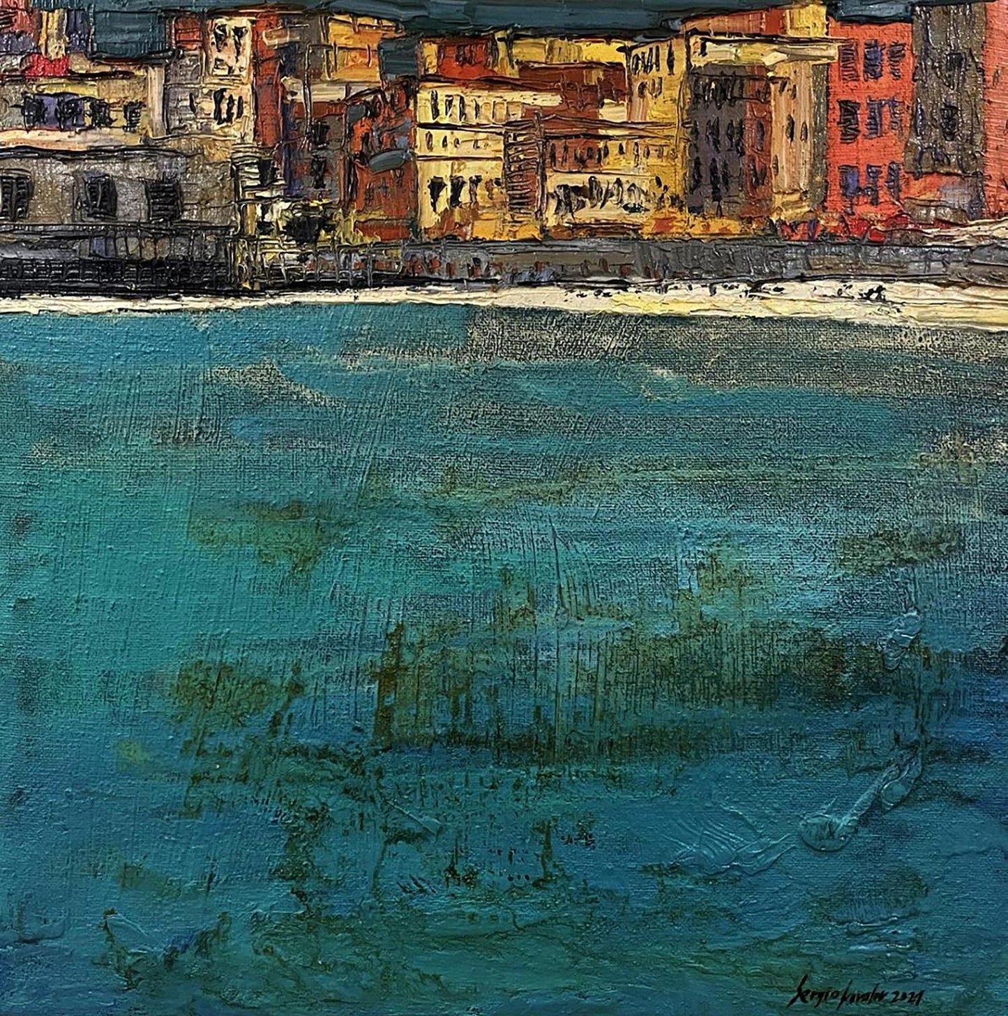Oil painting Eternal by Serhiy Kovalev: coastal town in teal water