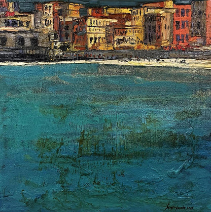 Oil painting Eternal by Serhiy Kovalev: coastal town in teal water