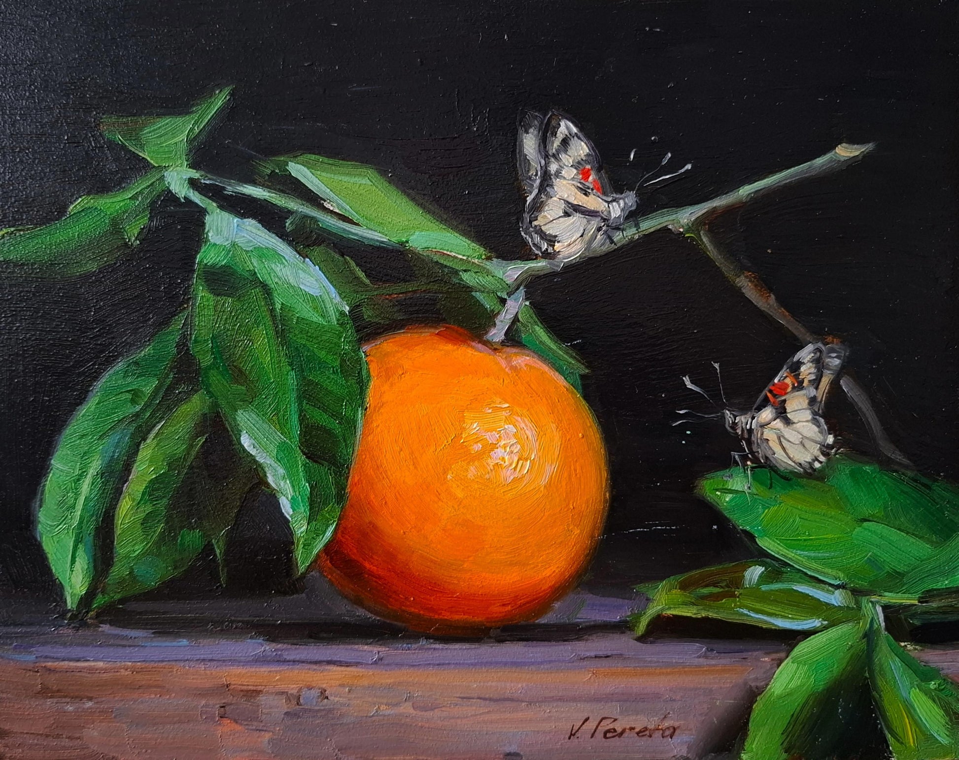 Oil painting of vibrant orange citrus, butterflies by Vyacheslav Pereta