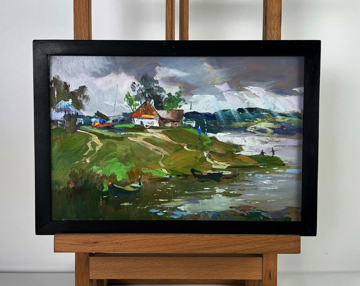 Framed impressionist oil painting of Yuriy Suprunchuk river near village