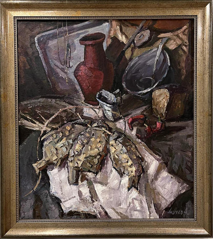 Oil painting of textured reddish-brown ceramic vase by Oleksandr Andreev