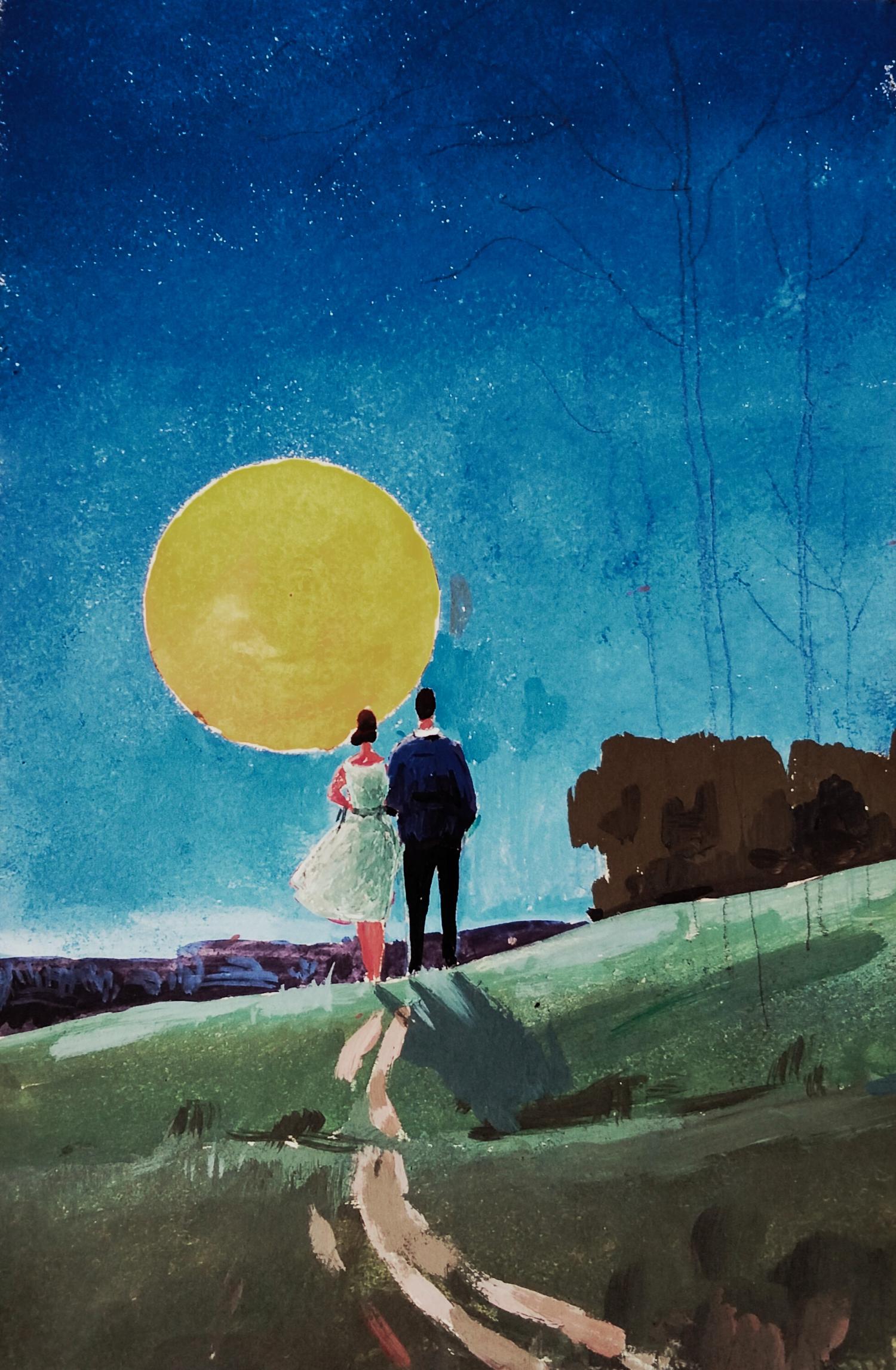Gouache painting by Vitaly Duhnevich: couple on grassy hill under starry sky with yellow moon