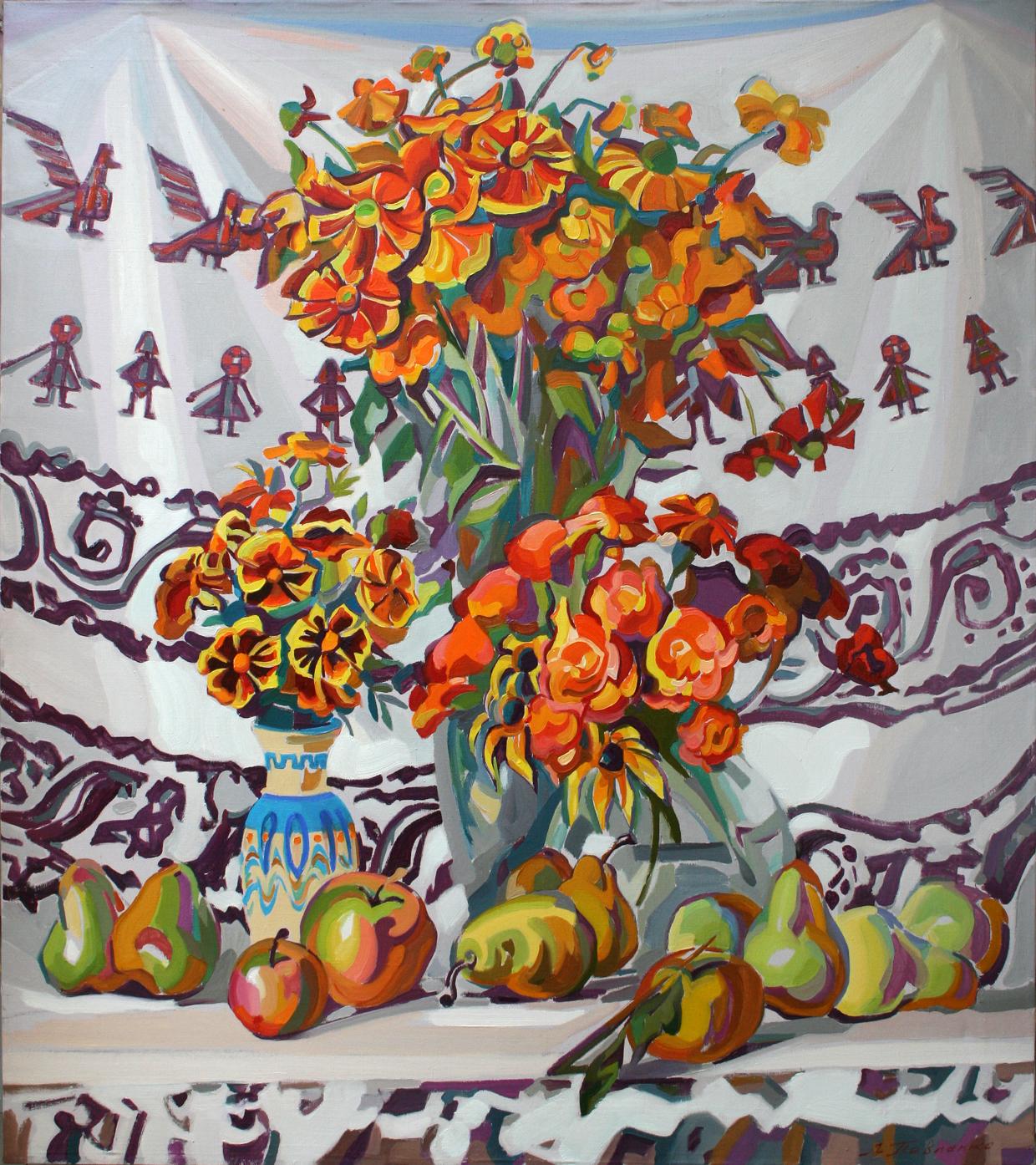 Oil painting of vibrant orange yellow flowers in blue vase by Leonid Pavlenko