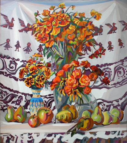 Oil painting of vibrant orange yellow flowers in blue vase by Leonid Pavlenko