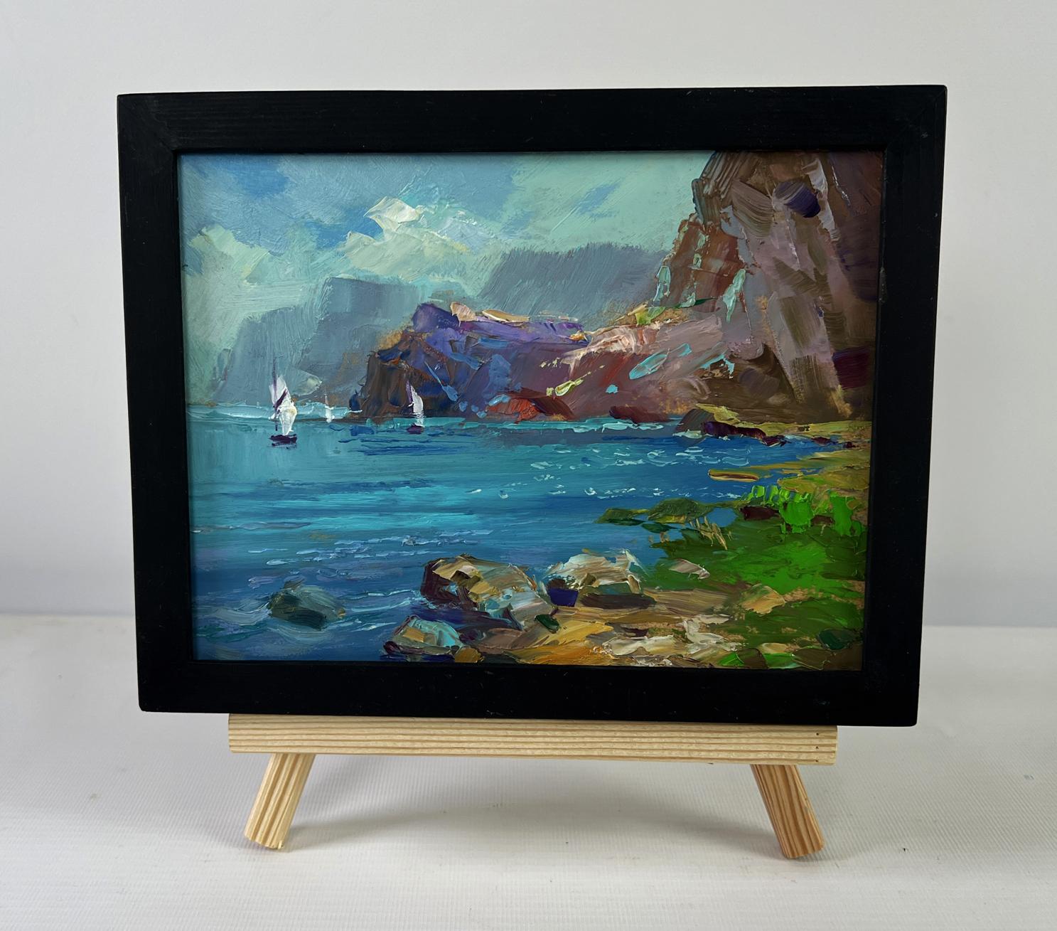 Oil painting of sailboats on turquoise sea by Yuriy Suprunchuk in black frame