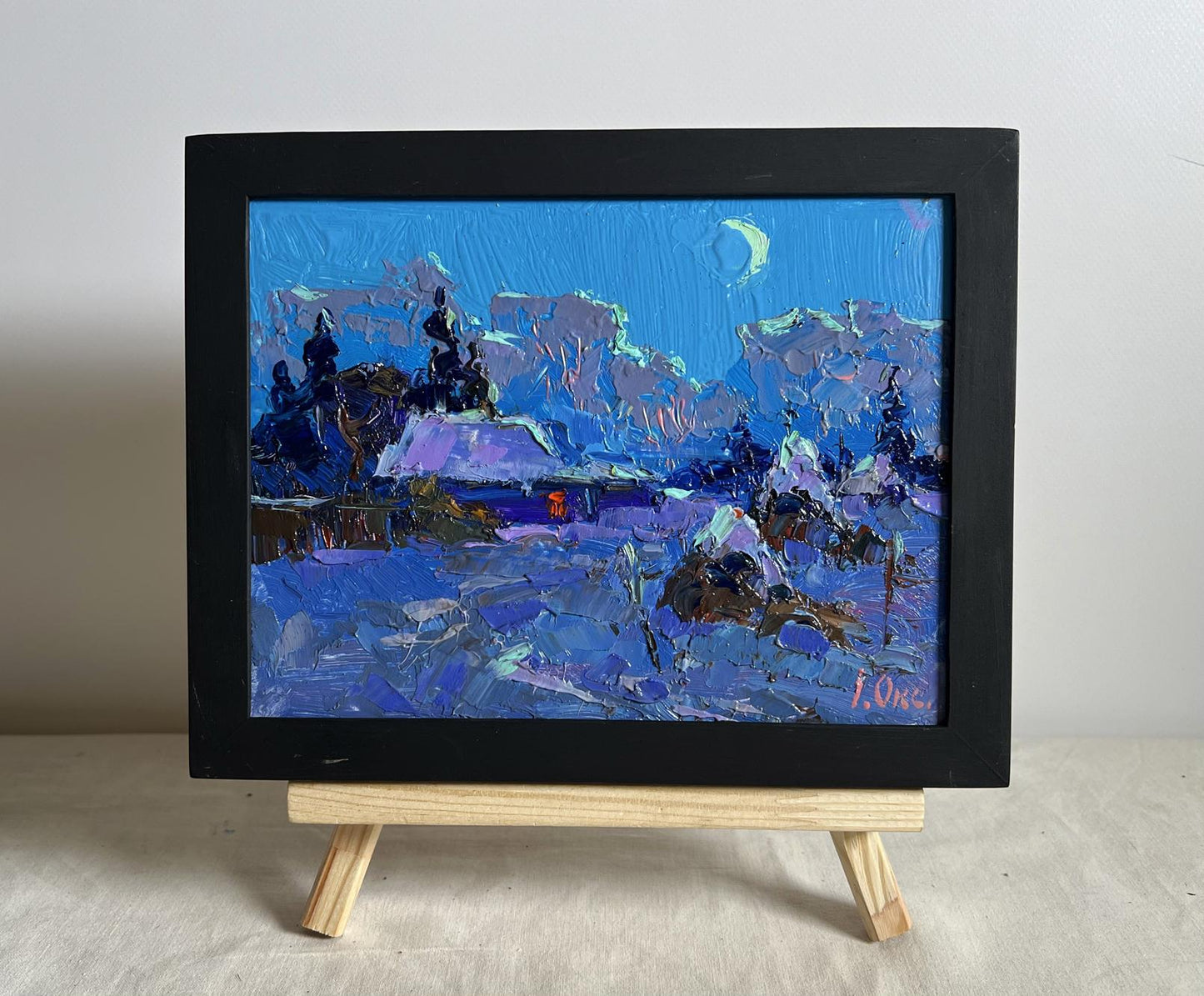 Oil painting Moonlit winter night by Oksana Ivanyuk snowy landscape
