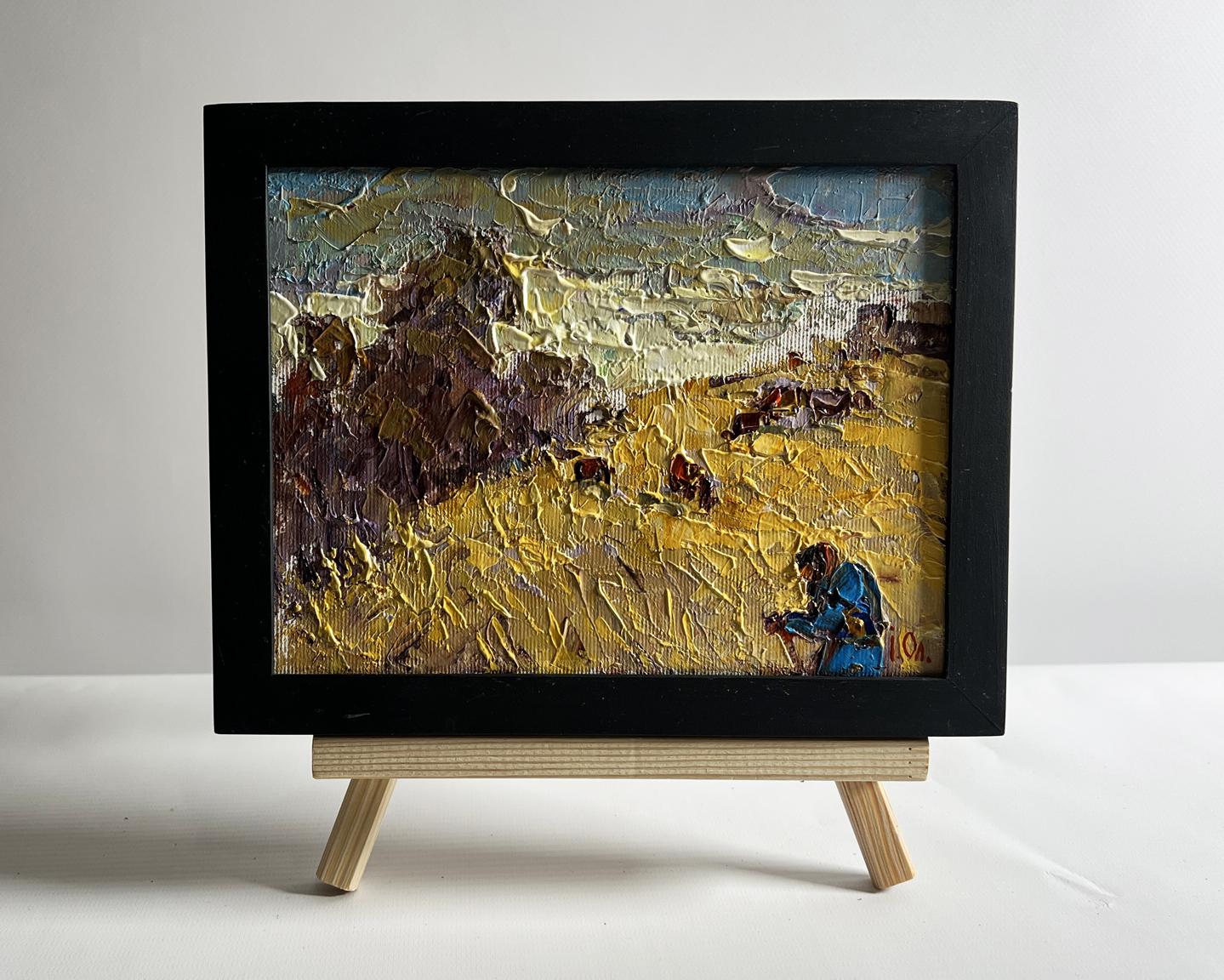 Oil painting Autumn golden fields by Oleksiy Ivanyuk in black frame