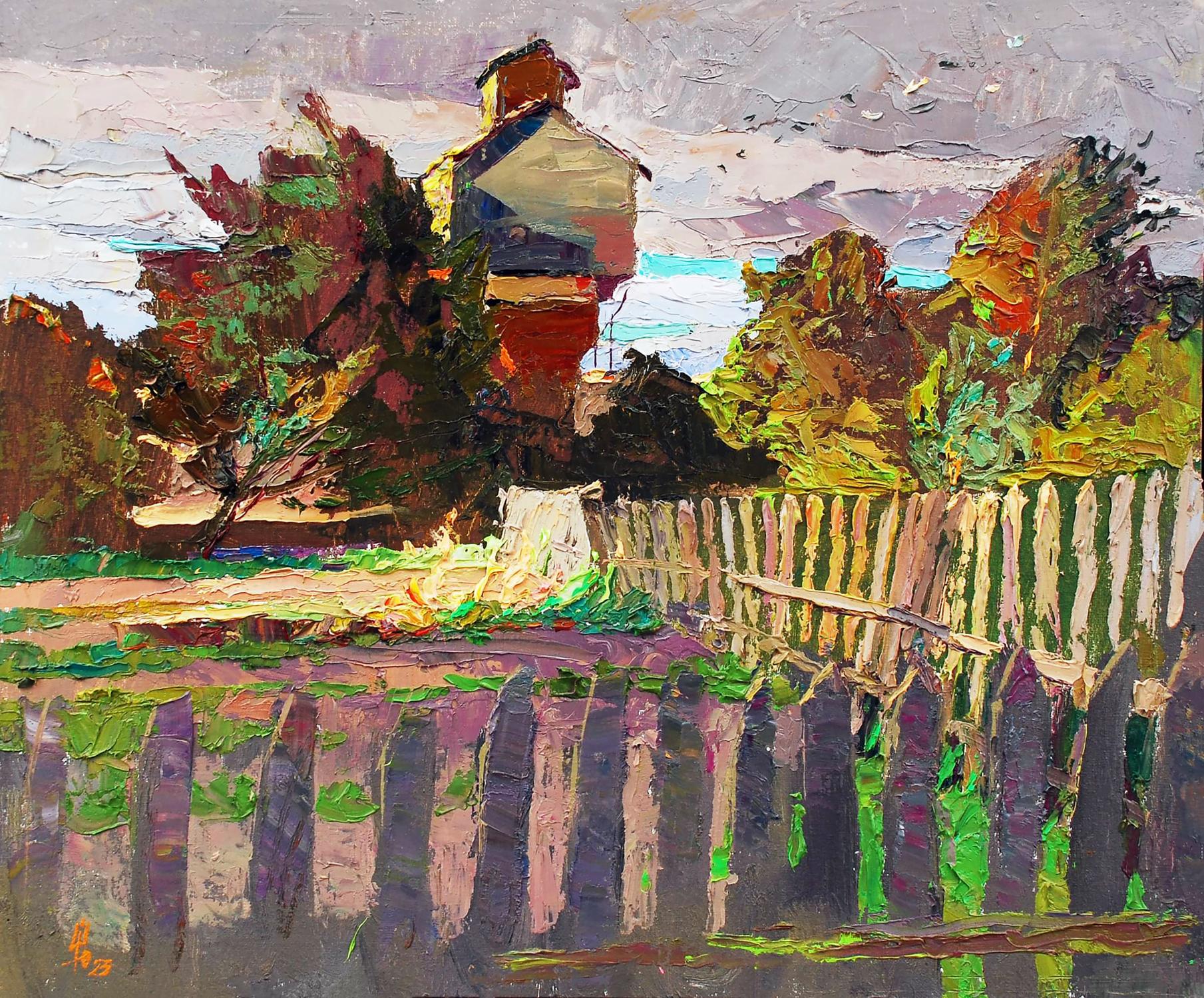 Oil painting Evening sketch by Egor Shvachunov: rustic fence in faded purples and greens