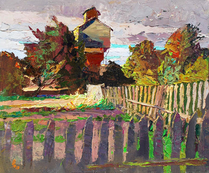 Oil painting Evening sketch by Egor Shvachunov: rustic fence in faded purples and greens