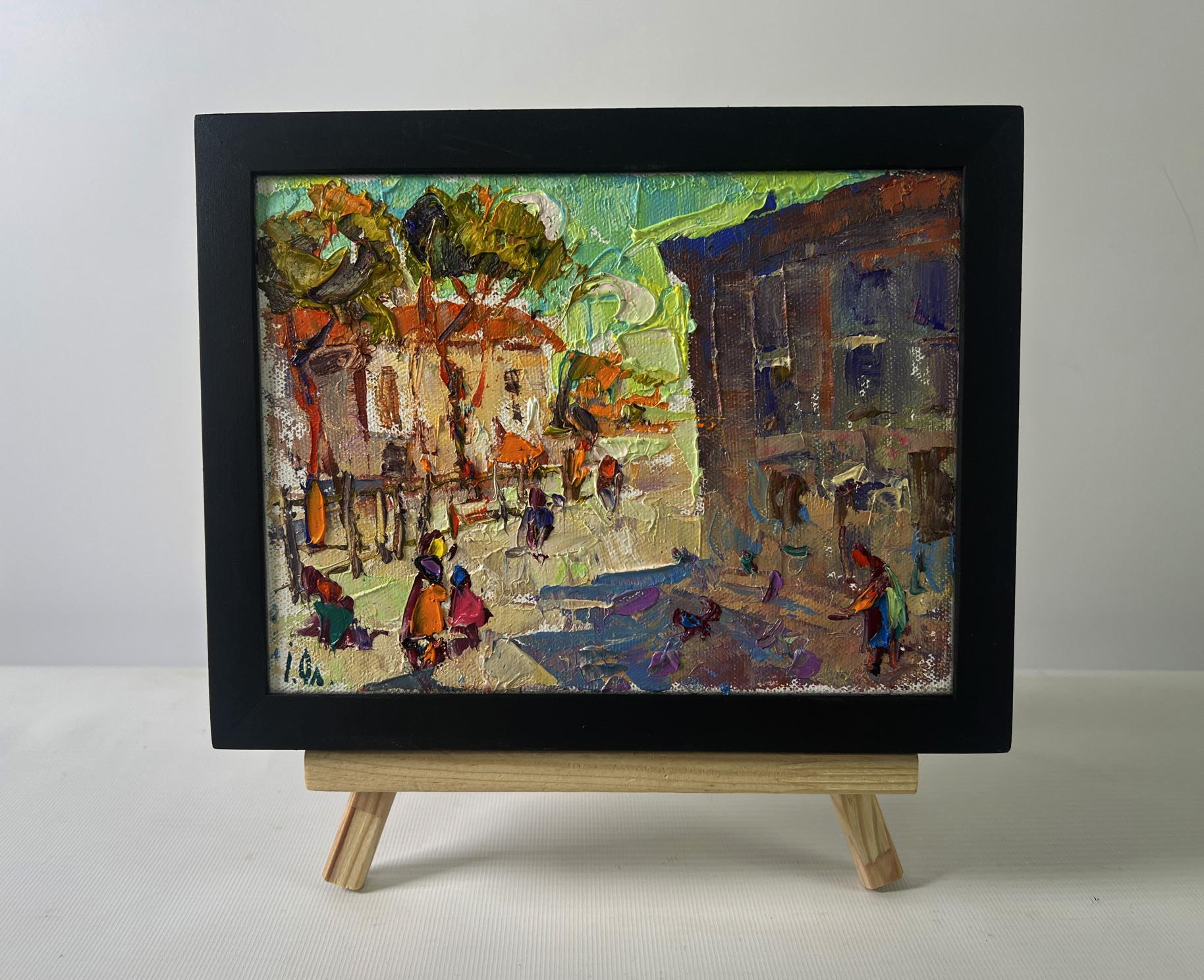 Oil painting The city wakes up in the fresh air by Oleksiy Ivanyuk in black frame
