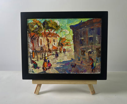 Oil painting The city wakes up in the fresh air by Oleksiy Ivanyuk in black frame