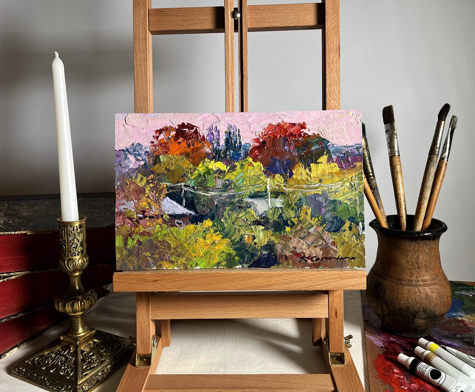 Crimson Autumn oil painting by Boris Serdyuk on wooden easel