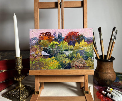 Crimson Autumn oil painting by Boris Serdyuk on wooden easel